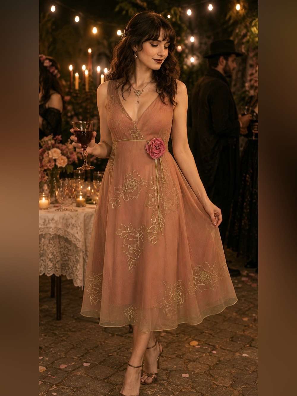 Adrianna Y2K Pink Embroidered Mesh Floral Midi Dress 12 L Whimsigoth Fairy Girly